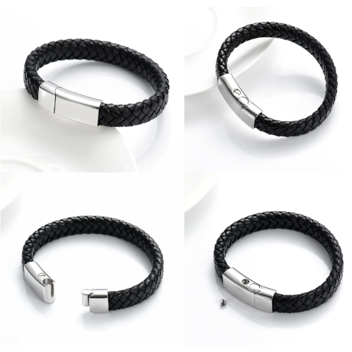 Stainless Steel Black Leather Woven Bracelet