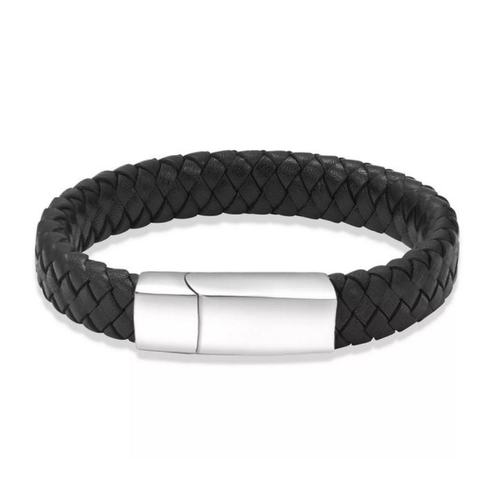Stainless Steel Black Leather Woven Bracelet