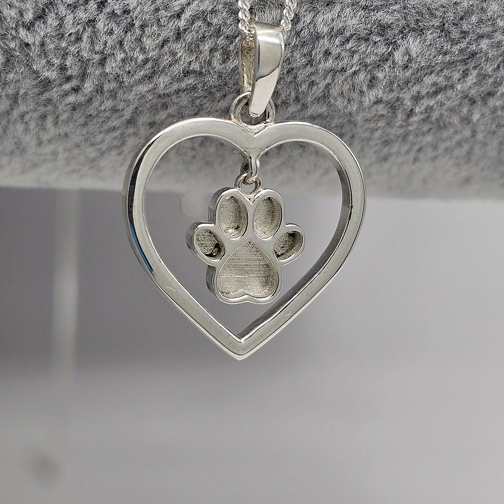 Sterling Silver Heart Dangle Paw Charm/Necklace