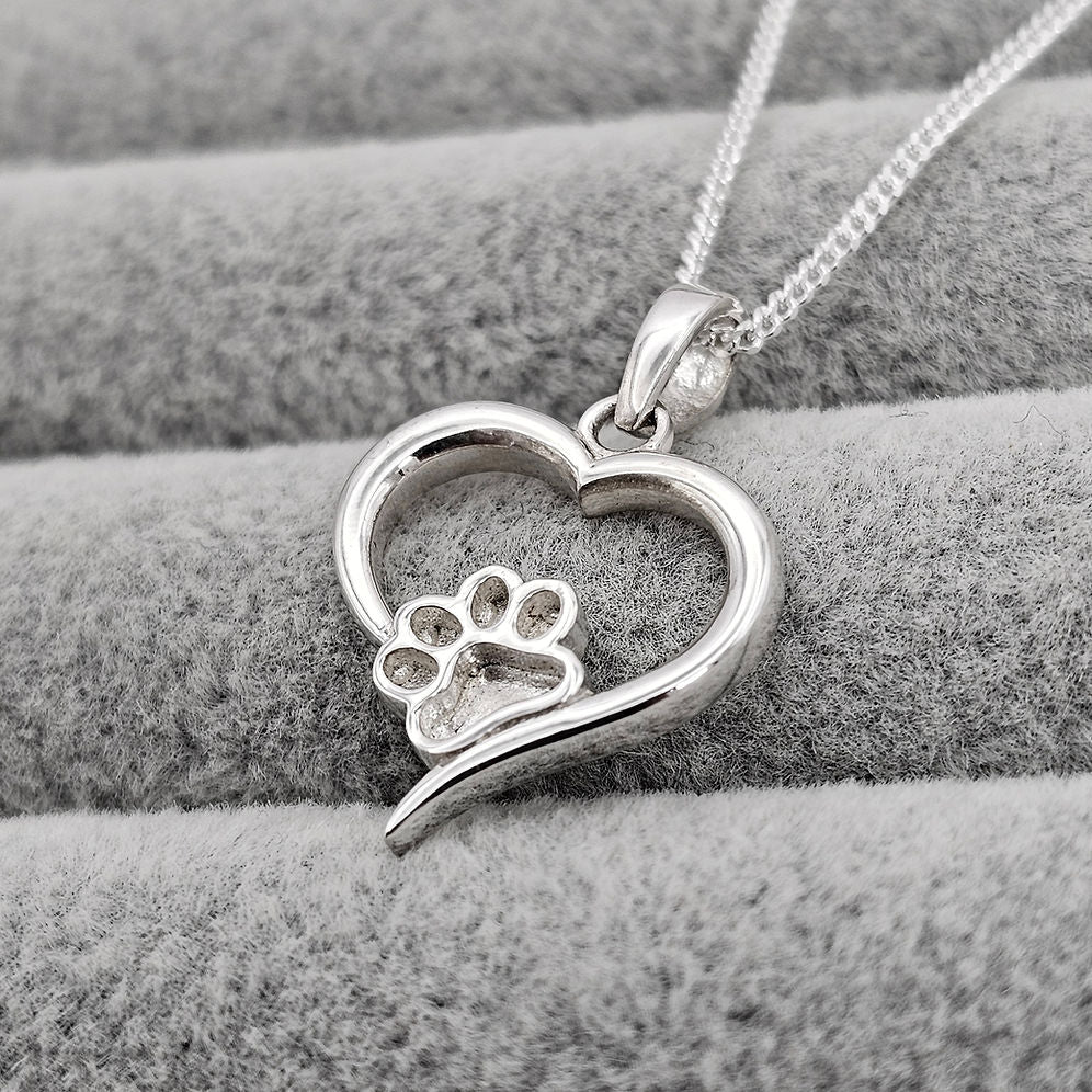 Sterling Silver Paw Print Heart Charm/Necklace